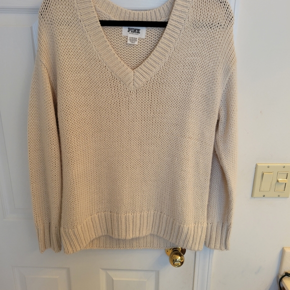 PINK Cream Colored V-Neck Sweater - Picture 3 of 5